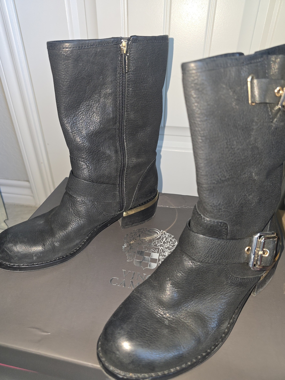 Vince Camuto Black Leather Mid-Calf Buckle & Zip Boots